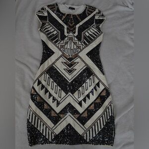 Express Geometric Sequin Mini Dress - Black, White, Tan